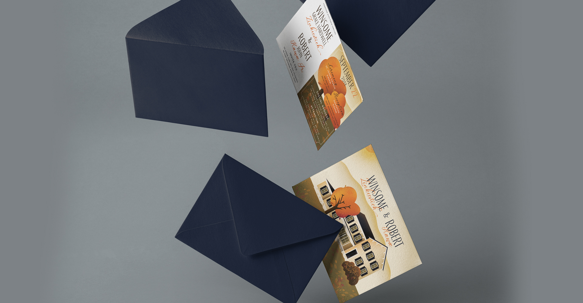 Image of wedding invitations falling